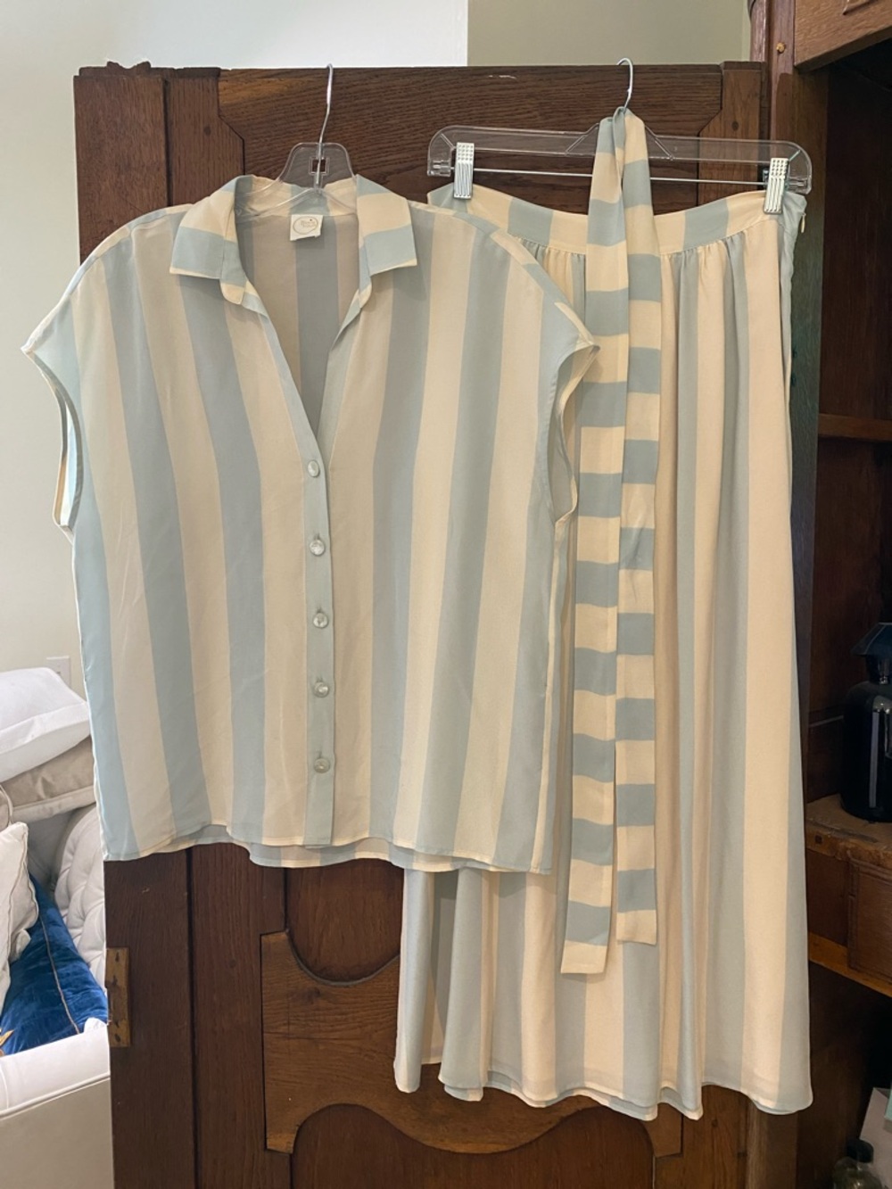 Des Petits Hauts 2 Piece Button Front Top & Maxi Skirt in Pale Blue and Cream